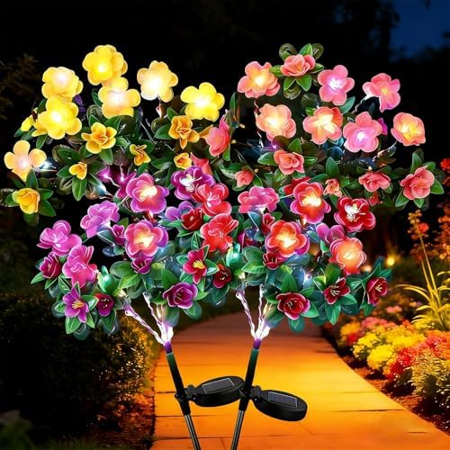 Memorial Garden Bloom Lights – Featuring Ultra-Realistic Artificial Petals, Solar-Powered & Weatherproof, Solar Azalea Flower Decor Stake Lights Outdoor for Cemetery Gravesite Yard Patio (All) by Unknown