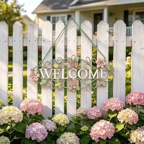 Vintage Welcome Wall Decor Metal Hanging Welcome Sign Rustic Farmhouse Distressed Flower and Butterfly Welcome Sign Decoration for Garden Porch Patio Yard Outdoor 16"L (Colorful) by Unknown
