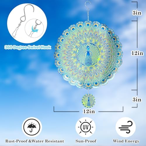 Peacock Wind Spinner, Peacock Gift for Women Men, 12in Spinfinity Designs Stainless Steel Hanging Wind Spinners with 3D Visual Effect, for Indoor/Outdoor Decor, Yard Art, Garden Decorations - Image 3