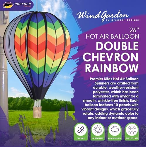 Hot Air Balloon Hanging Garden Spinner 26" - Vibrant Double Rainbow Chevron Design, Weather-Resistant Outdoor Decor, Durable & Lightweight for Patios, Yards, and Gardens - Eye-Catching Wind Spinner - Image 2