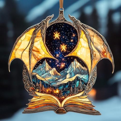 Celestial Dragon Book Acrylic Suncatcher 12 Inches, Halloween Decoration Indoor Outdoor, Bedroom Porch Decor, Stained Glass Effect Window Hanging, Mountain Ornament, Reader Gift for Her by XISZYS