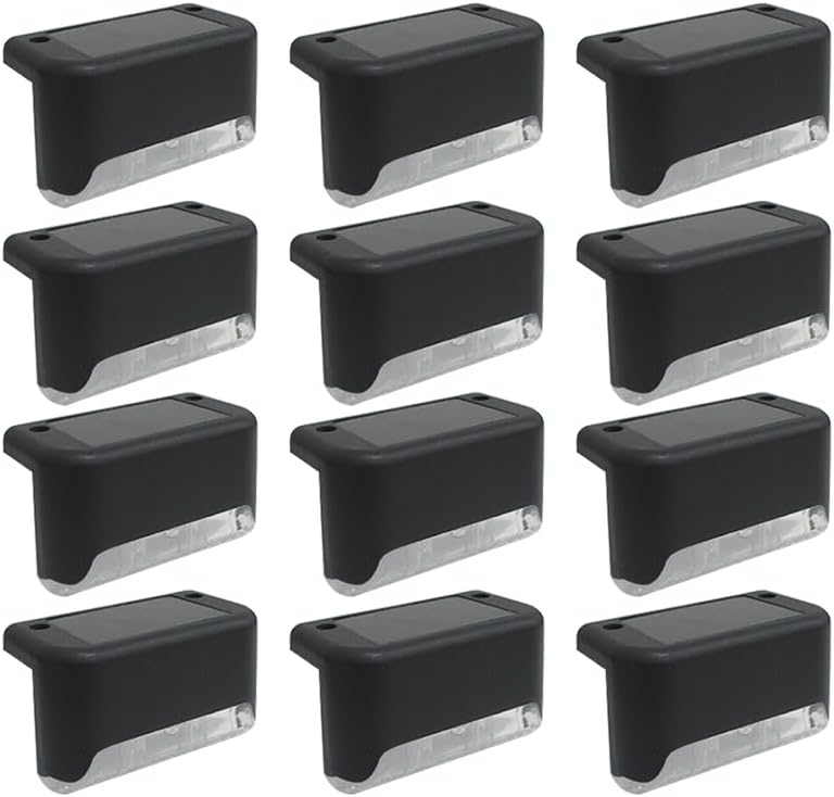 Solar Outdoor Fence Step Lights, 12pcs Black IP44 LED Outdoor Stair Lights, 1000mAh, Suitable for Courtyards, Decks, Steps, Walkways, and Lawn Paths by GTQPS