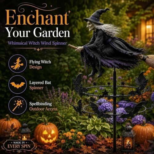Halloween Witch Wind Spinner, 47" Metal Garden Stake with Rotating Spinning Wheels, Flying Witch Silhouette Art Decor, Spooky Outdoor Lawn Ornament for Halloween Patio Garden Pathway - Image 5