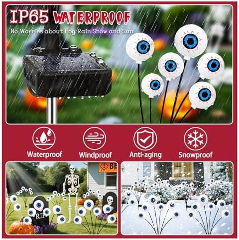 Kohlrabi Halloween Decorations Outdoor, 8 Pack 48 LED Solar Red Scary Eyeball Swaying Lights, Solar Firefly Light Waterproof Outdoor Lights for Yard Garden Party - Image 4