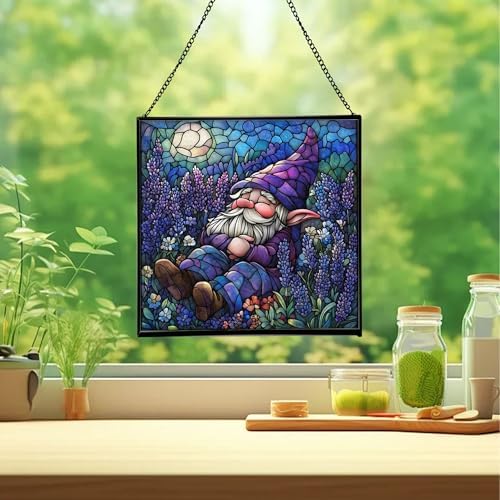 Lavender Rest Gnome Stained Glass Suncatcher – Square Hanging Window Panel for Home or Greenhouse – Whimsical Glass Art Gift for Garden Lovers, Christmas, Halloween, Father Days N6a1Iu - Image 2
