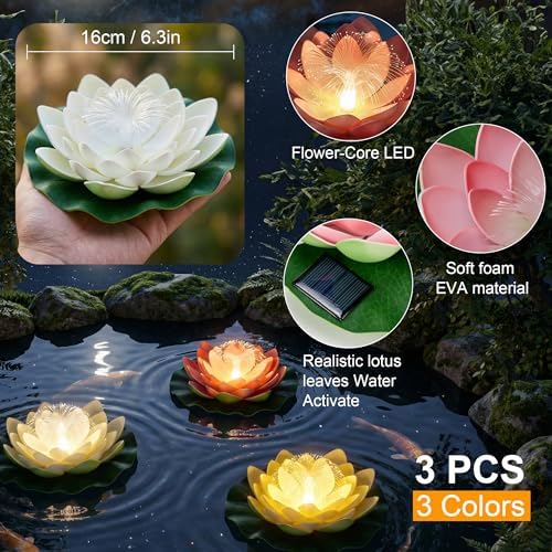 pearlstar Waterproof Floating Lotus Light - Solar Pond for Swimming Pool,Spa, Patio, Wedding Party, Christmas Decorations (3Pcs Lotus,Multicolor) - Image 4