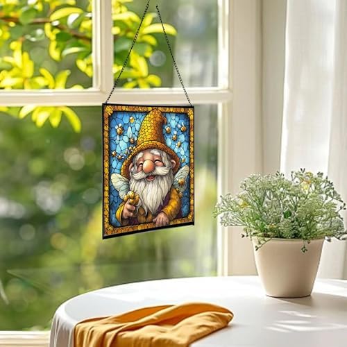 Bee Keeper Gnome Stained Glass Suncatcher – Square Hanging Window Panel for Home or Greenhouse – Whimsical Glass Art Gift for Garden Lovers, Christmas, Halloween, Father Days sRuQKl - Image 3