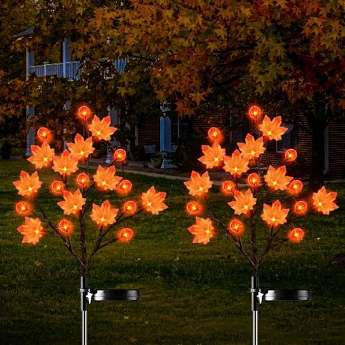 2 Pack Fall Decor Thanksgiving Decorations Lights Solar Lights Outdoor with 3D Maple Pumpkin, 8 Modes Fall Thanksgiving Lights Outdoor Solar Lights Waterproof for Yard Decor by Sakayo