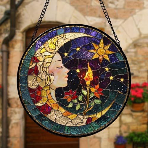 Moon Goddess and Rose Stained Glass Window Hanging Suncatcher Gifts 9.8" - Image 4