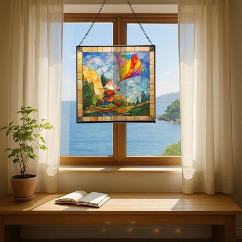 Gnome with Kite Flight Stained Glass Suncatcher – Square Hanging Window Panel for Home or Greenhouse – Whimsical Glass Art Gift for Garden Lovers, Christmas, Halloween, Father Days uL8KsZ - Image 6