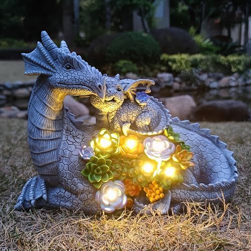 Solar Dragon Garden Statues Outdoor Decor, Resin Dragon Figurine with Succulent and 6 LED Lights Lawn Patio Balcony Art Decoration,Housewarming Birthday Gifts for Grandma Mom Women by Unknown