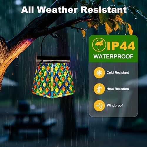 VOREEN Mosaic Solar Lantern, Colorful Mosaic Glass Decorative Lantern for Outdoor Garden & Patio, Tabletop or Hanging Solar Powered Light, Multicolor Geometric Lattice Design - Image 6