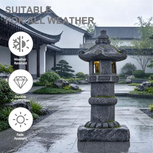 27.56" Resin Solar Pagoda Garden Statue Warm LED Oriental Lantern - Image 3