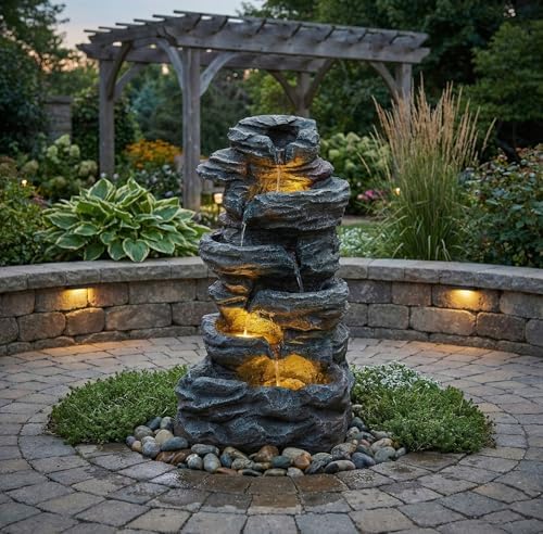 35" 6 Tier Water Fountain Garden Decor with LED Lights and Cascading Rock - Image 4