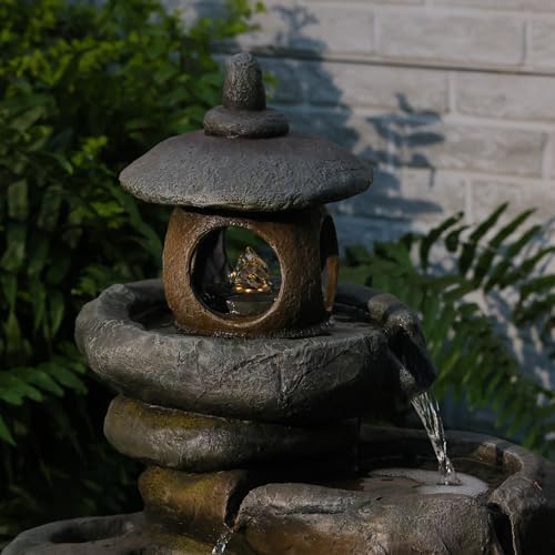 25.2" H 4 Tiered Pagoda and Imitation Rock Outdoor Water Fountain - Natural Zen Decor with LED Lights fits for Outdoor&Indoor Water Fountain, Suitable for Garden/Patio/Yard/Deck/Balcony （Resin） - Image 6