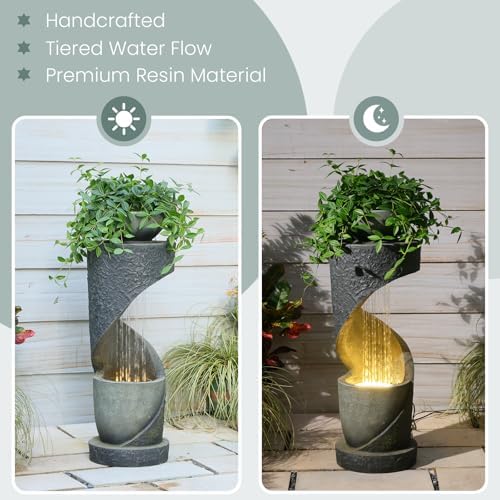 Tiered Outdoor Water Fountain, Modern Spiral Cascading Waterfall Fountain with Planter, Freestanding Resin Indoor Water Feature for Room, Garden, Patio, Deck, 31.5"H with Light Stone-Texture - Image 4