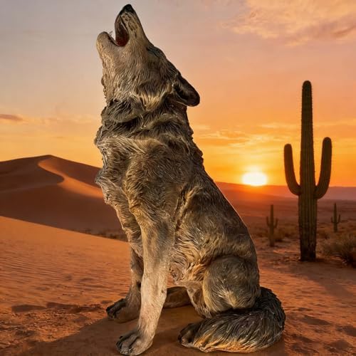 Large Howling Wolf Resin Statue - 17.9" L x 29.7" H Realistic Alpha Wolf Sculpture, Weatherproof Outdoor Garden Decor for Patio, Lawn & Yard, Wildlife Art Gift for Nature Lovers by Gahowlen