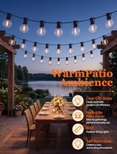50FT G40 LED Outdoor String Lights, 50+2 Shatterproof Bulbs, Black Wire - Image 2