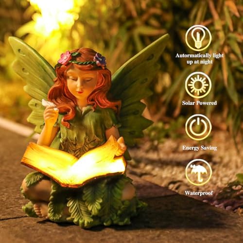 Solar Fairy Statue Reading Book Figurine Light for Outdoor Garden Decor - Image 2