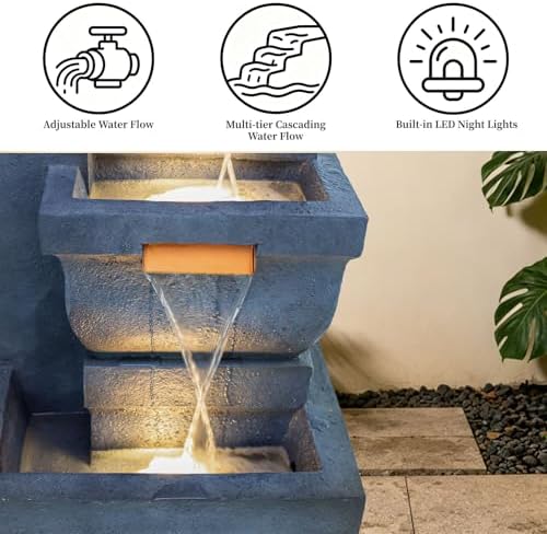 4-Tier Rock Outdoor Water Fountain, Resin with LED Light, 42 in - Image 4