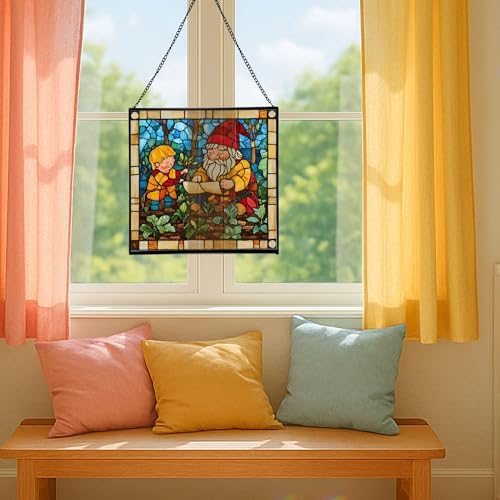 Gnome with Garden Planning Stained Glass Suncatcher – Square Hanging Window Panel for Home, Garden, Nursery, Halloween, Christmas, Memorial Day – Whimsical Glass Art Gift for Gnome Lovers iw0wde - Image 5