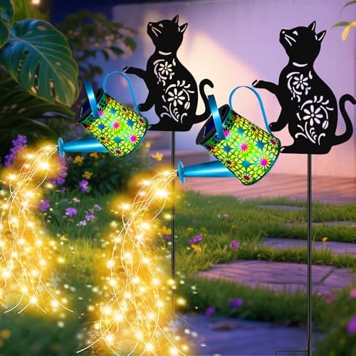 Black Cat Solar Watering Can Lights, Birthday Gifts for Women Mom Christmas, Yard Decorations Outdoor Waterproof, Blue Metal Hanging Lantern Solar Lights Garden Decor Patio Pathway, 2 Pack by yulloyello