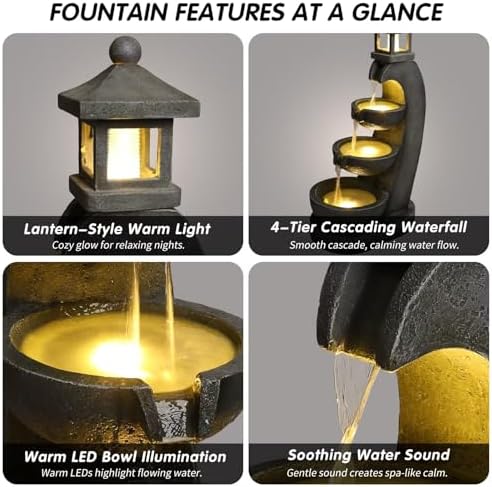 35'' Outdoor Japanese Stone Lantern Water Fountain with LED Lights,Garden Tranquil Pagoda Waterfalls Fountains Bowl for Patio Yard Porch Landscape - Image 3
