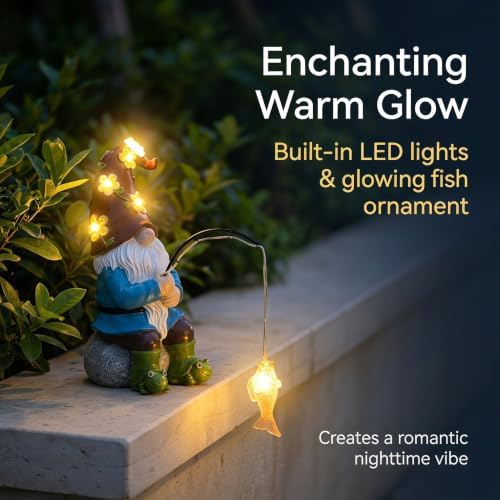 Solar Fishing Gnome Garden Decor Statue, Solar Powered Warm LED Lighted Gnome with Floral String Lights on Hat & Glowing Fish, Cute Outdoor Figurine for Patio Yard Pathway Lawn Decoration - Image 6