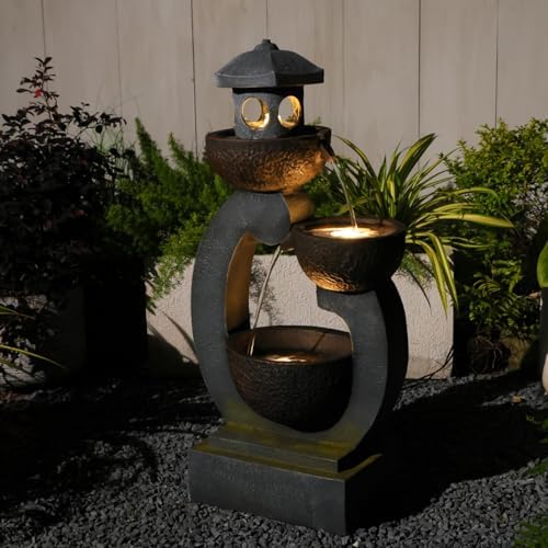Tankana 35.5" H Water Fountain Outdoor Garden 3-Tier Cascading Bowl Japanese Fountain Waterfall with LED Light Japanese Garden Style for Patio Yard Balcony Zen Home Decor, Bronze Finish by Tankana