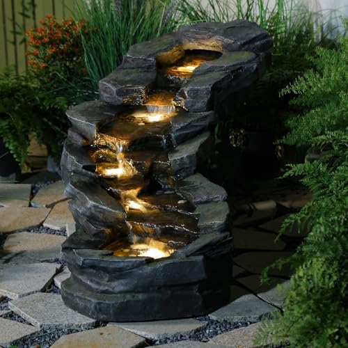 Sunlinua 49" L Water Fountain Outdoor 5-Tiers Rock Natural Waterfall Fountains Floor Standing Water Features with LED Lights for Garden, Patio, Porch, Home Art Decor by Sunlinua