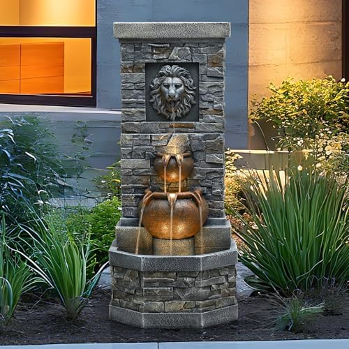 42'' 2-Tier Lion Head Outdoor Water Fountain with LED Lights for Garden by Desgmomy