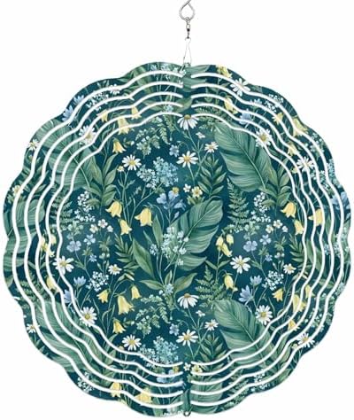Dark Green Flower Wind Spinner for Garden Yard 12In, Spring Blue Yellow Floral Country 3D Stainless Steel Kinetic Hanging Wind Spinners Rustproof Outdoor Decor for Lawn Patio Home by Unknown