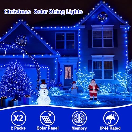 QITONG 2 Pack Blue and White Solar Christmas Lights, Each 66ft 200 LED Solar String Lights Outdoor Waterproof, 8 Modes Solar Twinkle Light for Outside - Image 4