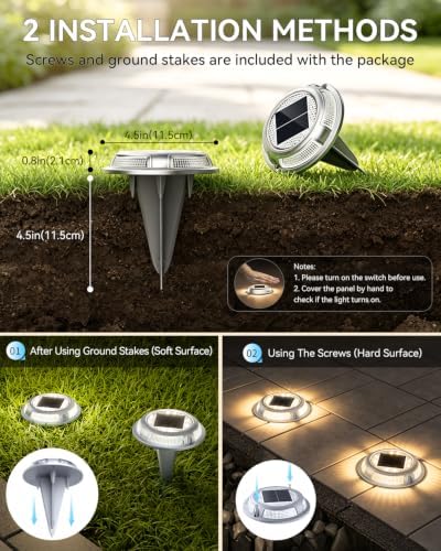 Solar Driveway Lights, 12 Pack Heavy Duty Driveway Lights Solar Powered 2 Color Mode (Cool/Warm White) IP68 Waterproof Outdoor Solar Deck Lights with Ground Stake for Pathway Garden Yard Walkway Dock - Image 6