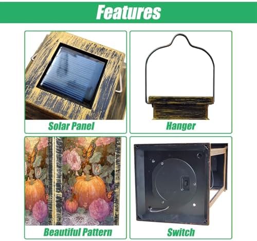 Solar Lantern Rustic Stained Glass Pumpkin Fall Butterfly Pumpkins Wildflower Outdoor Garden Hanging Lantern Waterproof Solar Powered Lighting Outside Table Lamp for Deck Yard Camping Patio Decor - Image 3