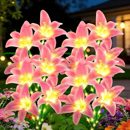 Solar Lights Outdoor, Gift For Women Mom Grandma Wife Daughter Friends, 4 Pack 16 Solar Pink Lily Flower Lights, Solar Flower Lights Waterproof, Outside Decor Stake Light for Landscape Yard Patio Lawn by yulloyello