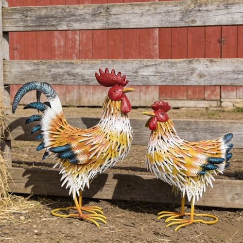 Metal Chicken Family Decor, Yard Rooster & Hen Ornaments, 2pcs by Oritty