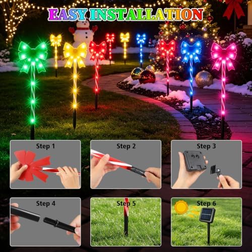 Solar 5PCS Christmas Bow 50LED Outdoor String Lights with Stakes Multicolor - Image 3