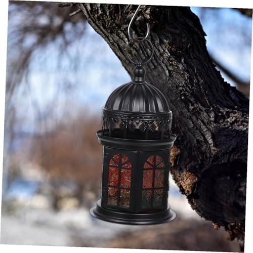 Uonlytech Moroccan Style Colored Glass Candle Holder Lantern, Black Multi-Color Tealight Ornament, Iron Frame Decorative Hanging Candle Lantern for Home and Desktop Décor - Image 5