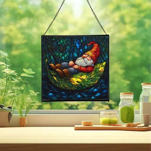 Floating Leaf Gnome Stained Glass Suncatcher – Square Hanging Window Panel for Home or Greenhouse – Whimsical Glass Art Gift for Garden Lovers, Christmas, Halloween, Father Days 1YKS2t - Image 2