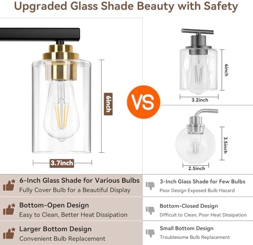 19" Black & Gold Modern Vanity Lights Over Mirror with Clear Glass Shades - Image 4