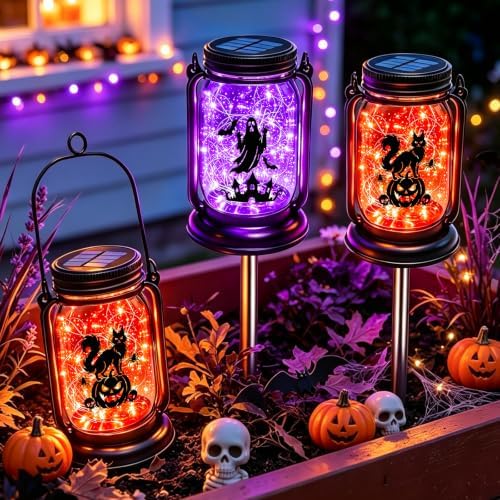 Halloween Solar Lanterns-Cat&Pumpkin Decor Orange Hanging Mason Jar Lights - Image 6