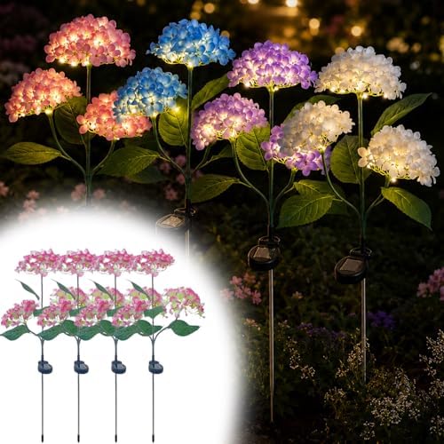 Fairy Hydrangea Solar Lights Outdoor Waterproof, 4Pcs Solar Flowers Outdoor Garden Realistic Artificial Flower Stake LED Garden Decor for Pathway Patio Yard Lawn (Pink (4Pcs)) by Unknown
