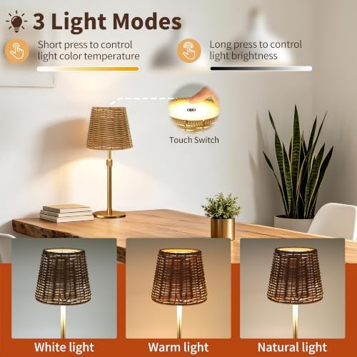 Mr.White Outdoor Waterproof Rechargeable Cordless Table Lamp with Telescopic Pole & Wicker Shade, Battery Operated Table Light with Touch Control, for Patio Restaurant Kitchen (Gold 1 Set) - Image 6
