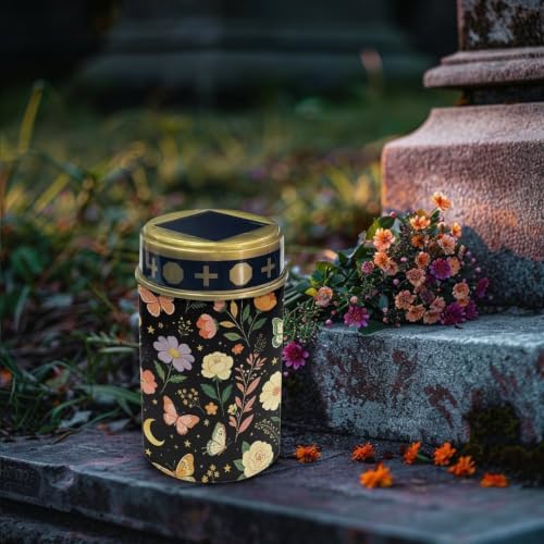 Poceacles Solar Pathway Lights Outdoor Grave Solar Lights Outside Waterproof Cemetery Flameless Candles Outdoor Grave Candle Markers Eternal Decor, Butterfly Floral Print Black, Pack of 2 - Image 3