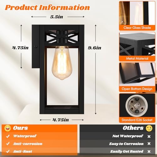 Outdoor Wall Light Fixtures, Black Exterior Waterproof Lanterns, 2-Pack - Image 6
