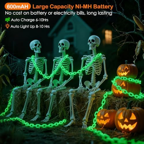 Ohwewant Solar Halloween Decorations Outdoor, 10FT Green Chain String Lights with 8 Modes, Waterproof Halloween Lights Outdoor for Haunted House Party Cosplay Props Skeleton Dog Yard Fence - Image 4