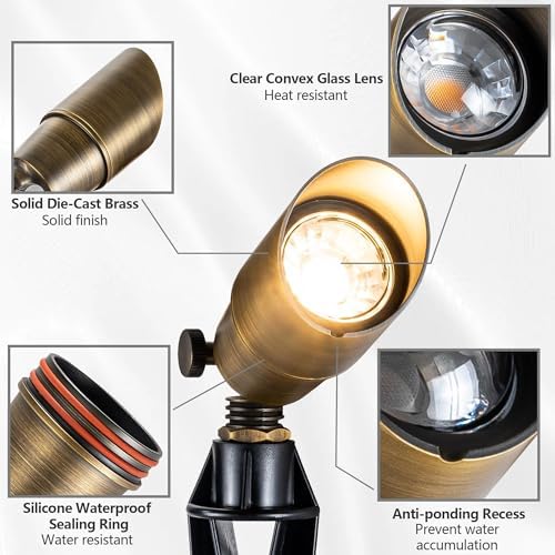 LumStory Brass Solid Landscape Light Low Voltage 12V Outdoor Brass Landscape Spotlights with 5W MR16 Bulb 3000K Warm White, IP65 Waterproof Up Light Landscape Lighting for Garden Yard Pathway - Image 4
