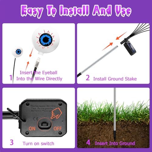 Kohlrabi Halloween Decorations Outdoor, 4 Pack 24 LED Solar Purple Scary Eyeball Swaying Lights, Solar Firefly Light Waterproof Outdoor Garden Lights for Halloween Yard Party - Image 5