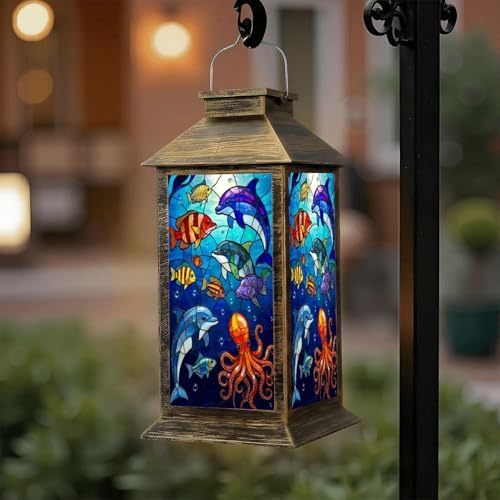 Solar Lantern Outdoor Waterproof Colorful Underwater Marine Life Stained Glass Art Dolphins Fish Garden Decor LED Hanging Solar Lights Tabletop Lamp Gifts for Women Mom Outside Yard Patio Porch by DERUINVAIO
